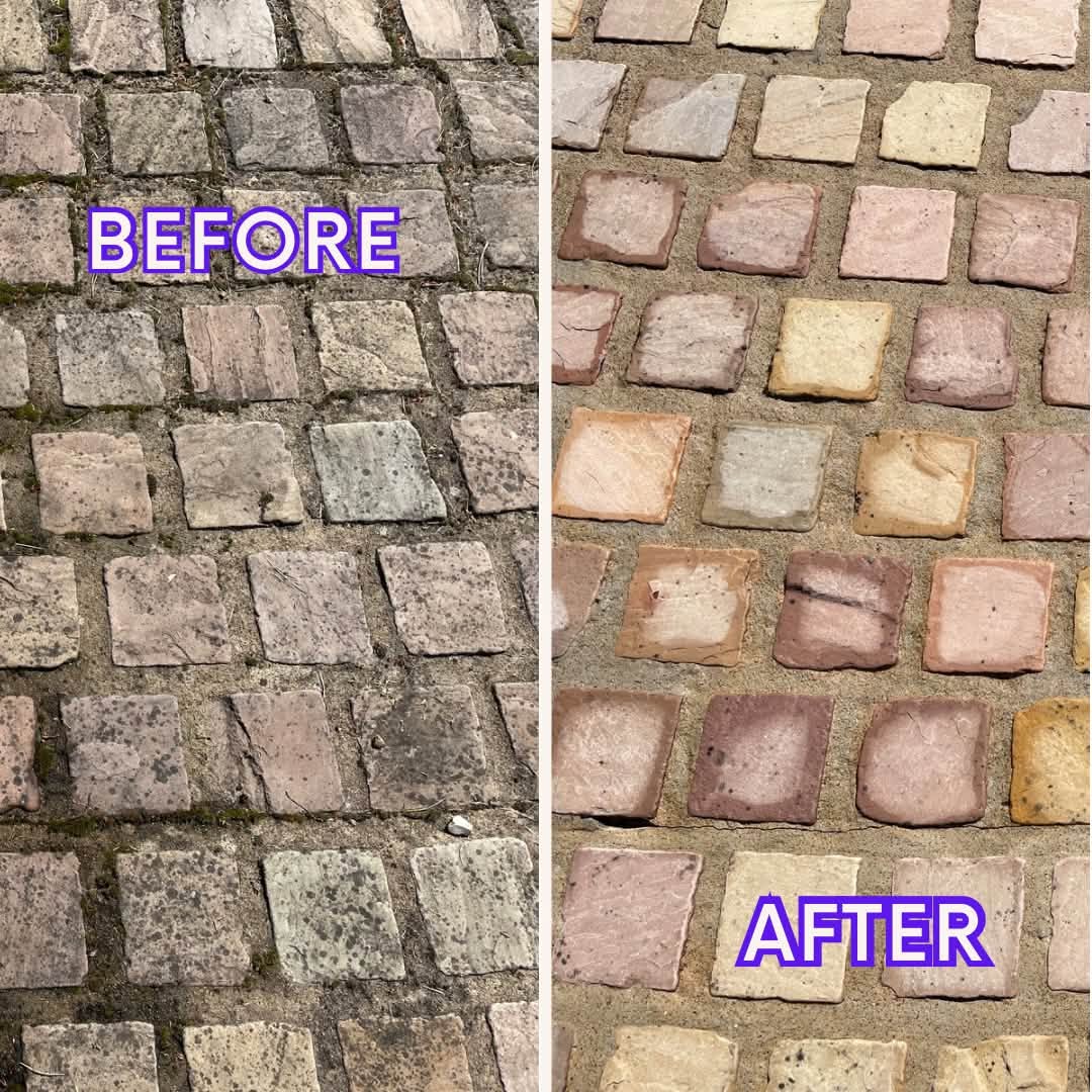 Before and after pressure washing on block paving