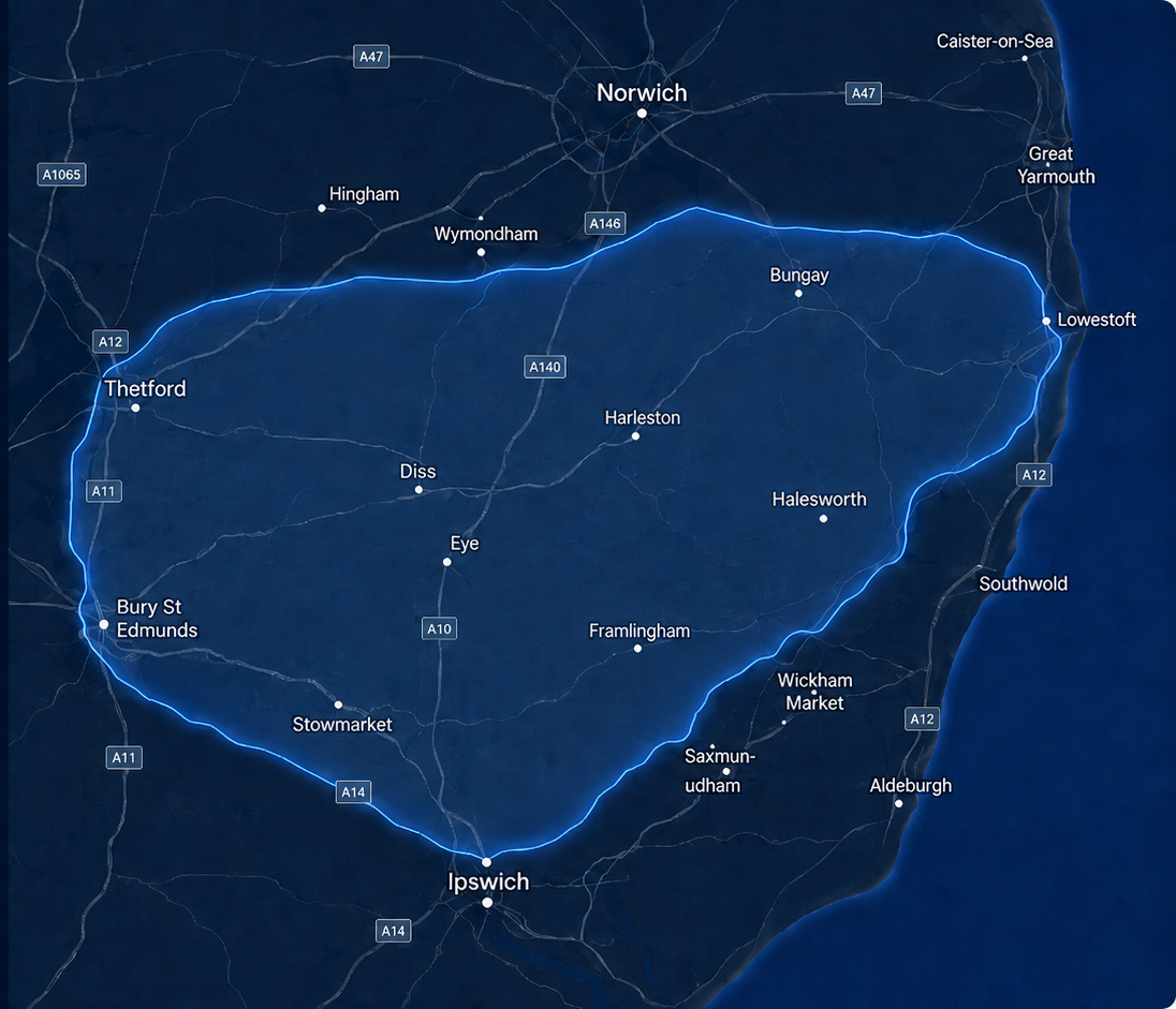 Waveney Cleaning coverage area across Norfolk and Suffolk
